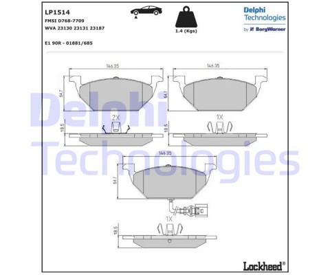 ÖN BALATA FİŞLİ KÜÇÜK GOLF4-GOLF5-JETTA-BORA-POLO-A3-LEON 97 GDB1386 146x54.7x19.8