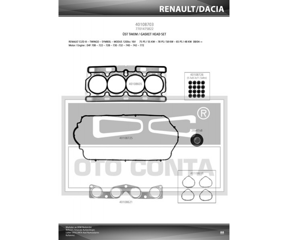 MOTOR TAKIM CONTA CLIO II 01>06 CLIO III 05>14 CLIO IV 12>SYMBOL II 08>14 LOGAN 04> SANDERO 08> 1.2 16V D4F