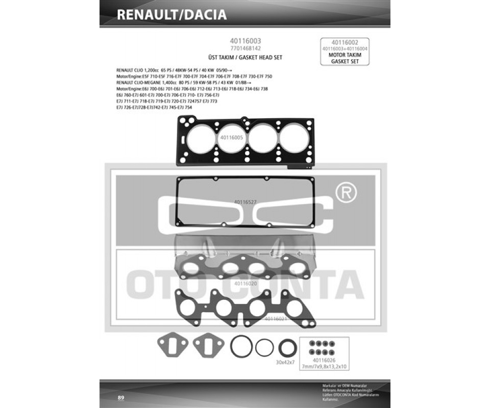 ÜST TAKIM CONTASI R19-CLIO 1.4 ENJ. KEÇELİ SUBAP LASTİKLİ SKC STD