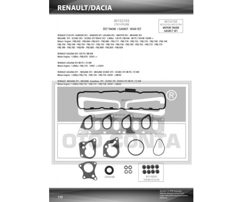 MOTOR TAKIM CONTA SKC SİZ MEGANE I-II SCENIC I-II CLIO II-LAGUNA I-II KANGOO 96> VİVARO A-MOVANO A-CARISMA-SPACE STAR MPV-PRİMERA VOLVO S40 96> 1.9dCi F9Q