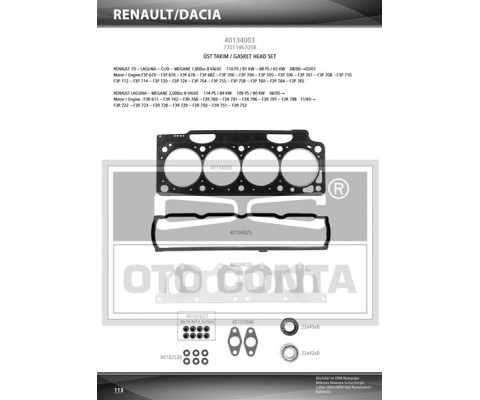 ÜST TAKIM CONTA CLIO I 91> 1.8 LAGUNA-MEGANE I 95> 1.8-2.0 F3P 710/F3P 714 KEÇELİ SKC STD SUBAP LASTİKLİ