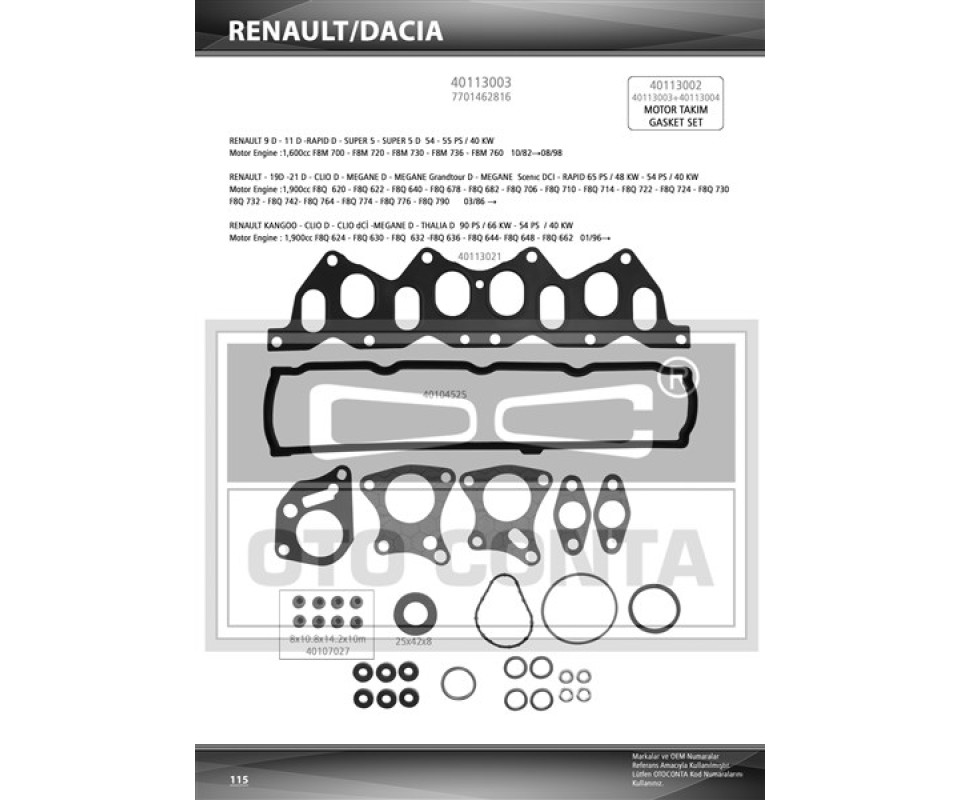 ÜST TAKIM CONTASI KNG-R19-MGN-SCENIC 1.9 DZL. SKT KEÇELİ SUBAP LASTİKLİ SKC SİZ
