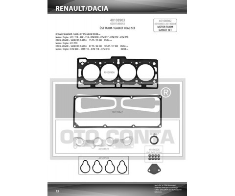 ÜST TAKIM CONTASI DACIA LOGAN 1.4-1.6 8V K7J 710- K7M 690 KEÇELİ SUBAP LASTİKLİ