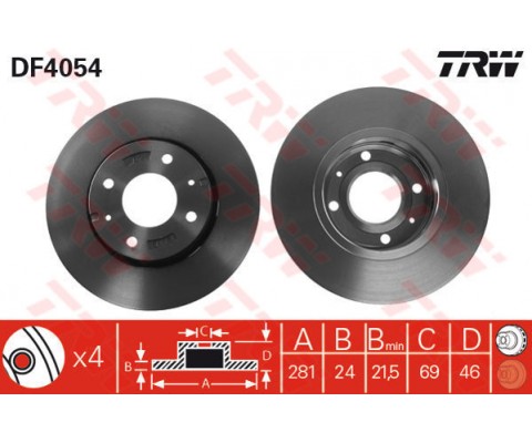 ÖN FREN AYNASI CARISMA 95/6.06 VOLVO S40 1.6 1.8 1.9 2.0 T 95/04 V40 95-04 281x24x4DLxHAVALI
