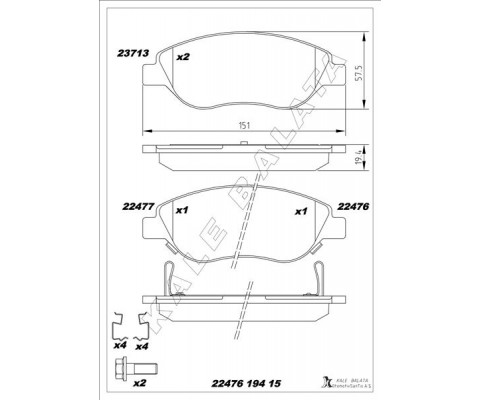 ON BALATA FIAT EGEA 15> 1.4 1.5 T4 HIBRIT 1.6 D K:19 MM G:151.1 MM BÜYÜK TİP 8 ADET KLİPS