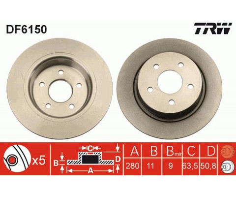 ARKA FREN DISK AYNASI YENI CONNECT CHC 1.6 /1.5 TDCI 15 C-MAX 12 KUGA II 13 20 GRAND C-MAX 11 MERKEZLEME CAPI 63.5 mm YUKSEKLIK 50.8 mm 5 Delik DIS CAP 279.8