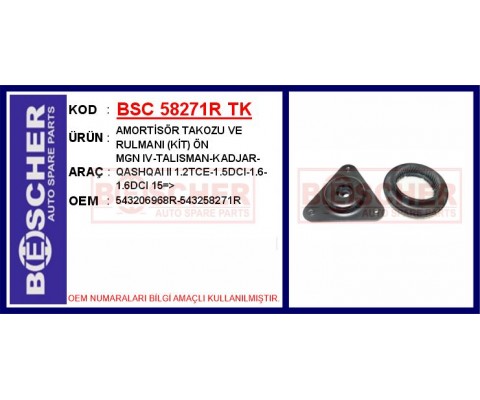 AMORTİSÖR TAKOZU VE RULMANI KİT ÖN MGN IV-TALISMAN-KADJAR-QASHQAI II 1.2TCE-1.5DCI-1.6-1.6DCI 15 >