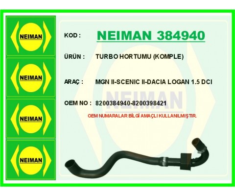 TURBO HORTUMU RENAULT TURBO HORTUMU KOMPLE MEGANE II 02> SCENIC II 02> DACIA LOGAN 06> 1.5dCi