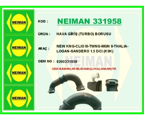HAVA GİRİŞ TURBO BORUSU KANGOO II 08> CLIO III 05> MEGANE II 02>08 THALIA 08> LOGAN 06> SANDERO 08 > DUSTER 10> 1.5 DCI K9K