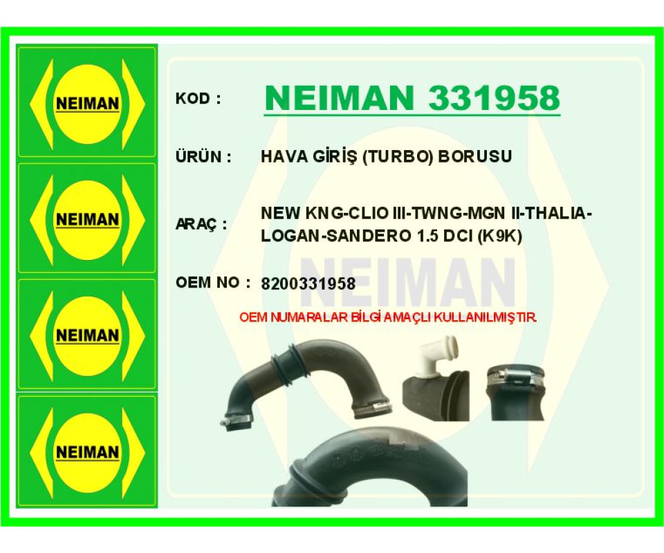 HAVA GİRİŞ TURBO BORUSU KANGOO II 08> CLIO III 05> MEGANE II 02>08 THALIA 08> LOGAN 06> SANDERO 08 > DUSTER 10> 1.5 DCI K9K