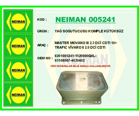YAĞ SOĞUTUCUSU KOMPLE KÜTÜKSÜZ MASTER MOVANO III 2.3 DCİ CDTI 10> TRAFIC VİVARO II 2.0 DCİ CDTI