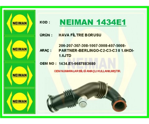 HAVA FİLTRE BORUSU 206-207-307-308-1007-3008-407-5008-PARTNER-BERLINGO-C2-C3-C3 II 1.6HDI-1.6JTD