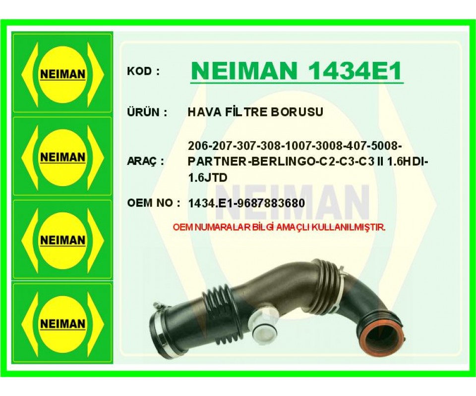 HAVA FİLTRE BORUSU 206-207-307-308-1007-3008-407-5008-PARTNER-BERLINGO-C2-C3-C3 II 1.6HDI-1.6JTD
