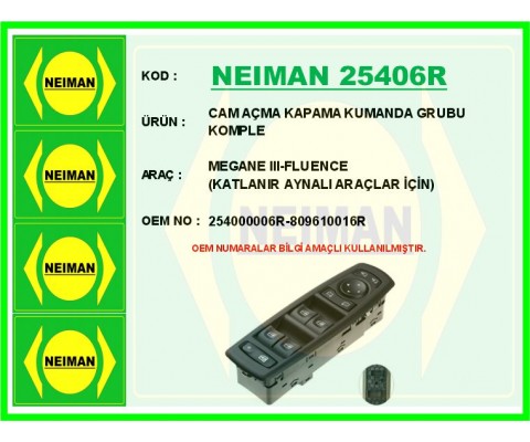 CAM AÇMA KAPAMA KUMANDA GRUBU KOMPLE MEGANE III-FLUENCE KATLANIR AYNALI ARAÇLAR İÇİN