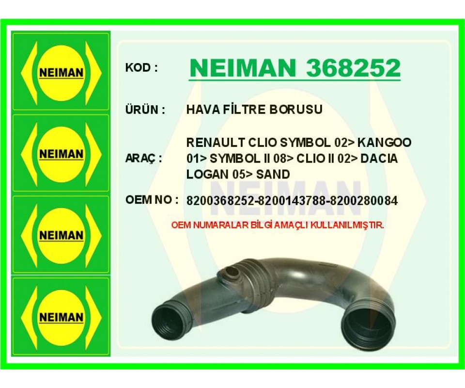HAVA FİLTRE BORUSU RENAULT CLIO SYMBOL 02> KANGOO 01> SYMBOL II 08> CLIO II 02> DACIA LOGAN 05> SAND