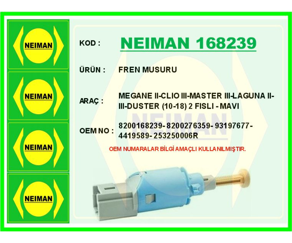 FREN MÜŞÜRÜ RENAULT MEGANE II 02>08 CLIO III 05>12 MASTER III 10> LAGUNA II 01>07 LAGUNA III 07>14 D USTER 10>18 MERCEDES CİTAN W415 MAVİ 2 FİŞLİ