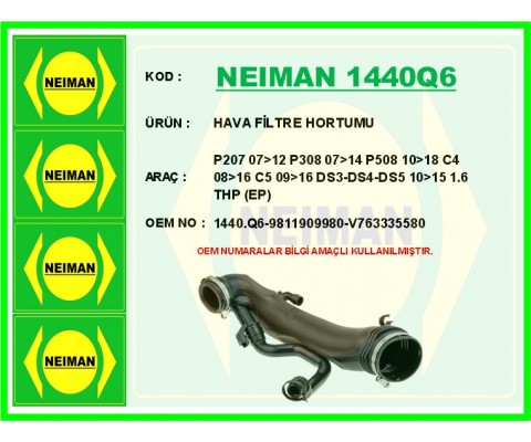 HAVA FİLTRE HORTUMU P207 07>12 P308 07>14 P508 10>18 C4 08>16 C5 09>16 DS3-DS4-DS5 10>15 1.6 THP EP6DT