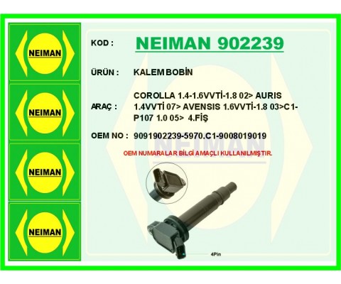 ATEŞLEME BOBİNİ PEUGEOT P107 14> P108 14> CITROEN C1 14> 1.0 VTI 1KR / TOYOTA COROLLA 1.4L 1.6L 4ZZ- FE 3ZZ-FE ZZE112 ZZE120 ZZE121 VVTi 02-06 / AVENSIS 1.6L 3ZZFE ZZT251 VVTi 03-08 4 soketli