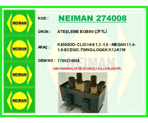 ATEŞLEME BOBİNİ ÇİFTLİ RENAULT KANGOO 01> CLIO I-II-III 92>05 MEGANE I 96> SCENIC 96>TWINGO 96> LOG AN 06>1.2 1.4 1.6 D4F K7J-K7M