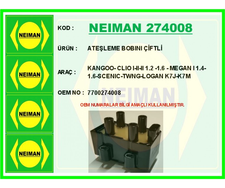 ATEŞLEME BOBİNİ ÇİFTLİ RENAULT KANGOO 01> CLIO I-II-III 92>05 MEGANE I 96> SCENIC 96>TWINGO 96> LOG AN 06>1.2 1.4 1.6 D4F K7J-K7M