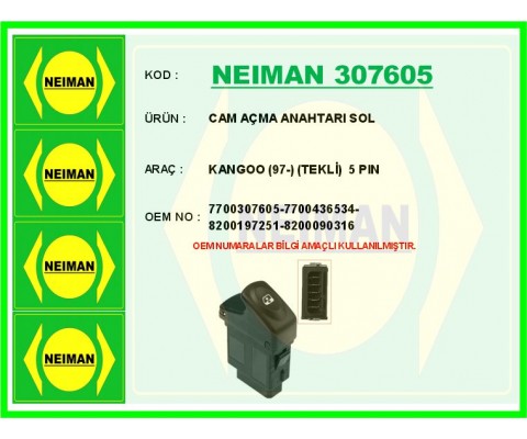 CAM AÇMA ANAHTARI SOL RENAULT KANGOO 97> TEKLİ 5 PİN