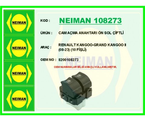 CAM AÇMA ANAHTARI ÖN SOL ÇİFTLİ RENAULT KANGOO-GRAND KANGOO II 08-23 10 FİŞLİ