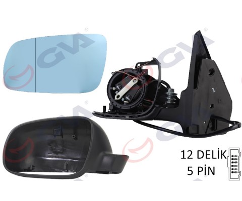 DIŞ DİKİZ AYNASI SOL GOLF-BORA 98 ELEKTRİKLİ ISITMALI SİYAH ASTARLI MAVİ CAM BÜYÜK TİP 5 FİŞ VM-188AL