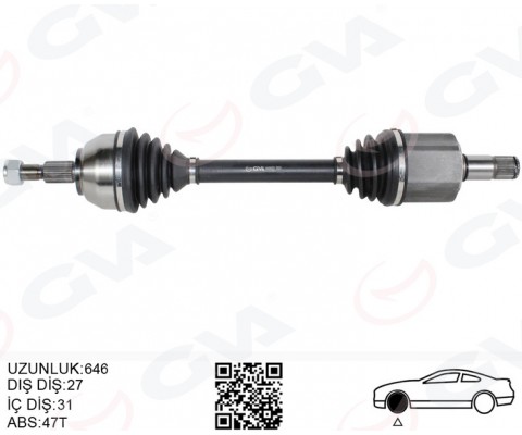ÖN AKS KOMPLE SOL KUGA I 2.0 TDCI 08>14 POWER. OTOM. 6 VİTESLİ ÇİFT KAVRAMA 4X4 646 MM DİŞ 27 İ Ç DİŞLİ 31
