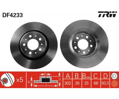 ÖN FREN AYNASI HAVALI VOLVO V70 97-00 C70 97-05 S70 96-00 XC70 97-02 302x26x5DLxHAVALI