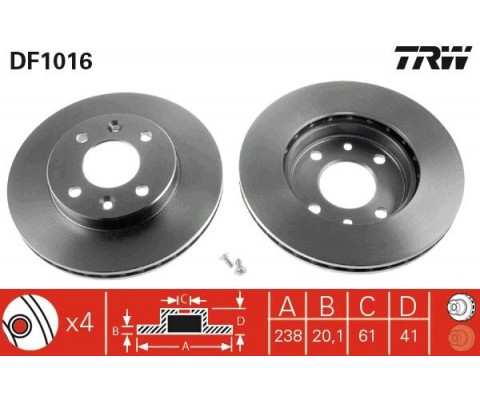 ÖN FREN AYNASI KÜÇÜK RENAULT R9-R11-R19-R21 CLIO I 91 96 CLIO II 98 CLIO SYMBOL 00 09 KANGOO 97 MEGANE I 96 SYMBOL II 08 238x20.1 HAVALI 4 DELİK