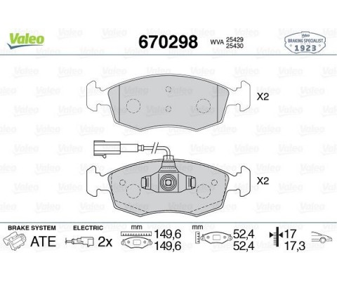ÖN FREN BALATASI FIAT 500 10 500 C 12 PUNTO 09 PUNTO EVO 09 K:17.1 MM G:149.3 MM