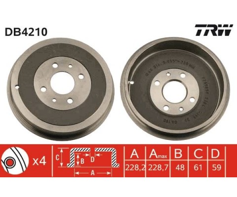 ARKA FREN KAMPANASI FIAT ALBEA 00> DOBLO 01> FIORINO 09> LINEA 09> MAREA 00> TEMPRA 92>96 TIPO 90>95 UNO 98>06 PEUGEOT BIPPER 08> CITROEN NEMO 08> 228.2 mm 4 Delik