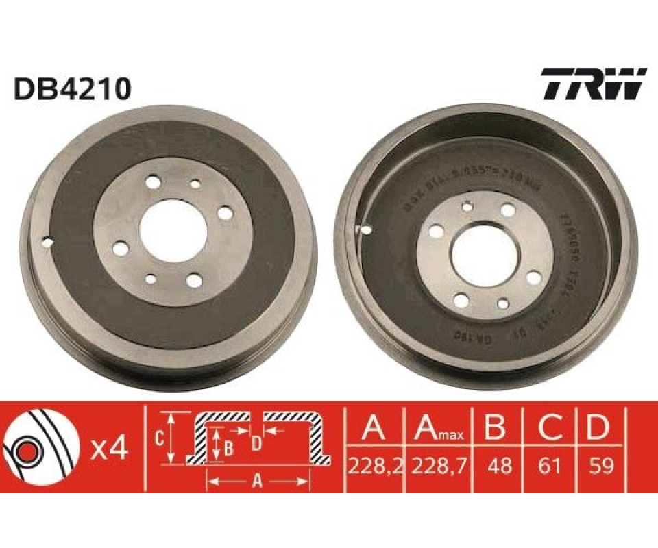 ARKA FREN KAMPANASI FIAT ALBEA 00> DOBLO 01> FIORINO 09> LINEA 09> MAREA 00> TEMPRA 92>96 TIPO 90>95 UNO 98>06 PEUGEOT BIPPER 08> CITROEN NEMO 08> 228.2 mm 4 Delik