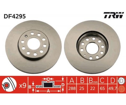 FREN DİSKİ ÖN VW CADDY-PASSAT-GOLF 5/6/7- SKODA OCTAVIA FORD CONNECT 23> ÇAP: 288mm. KALINLIK: 25mm Delik: 9
