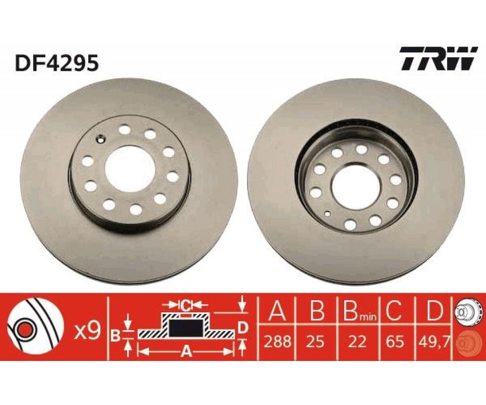 FREN DİSKİ ÖN VW CADDY-PASSAT-GOLF 5/6/7- SKODA OCTAVIA FORD CONNECT 23> ÇAP: 288mm. KALINLIK: 25mm Delik: 9