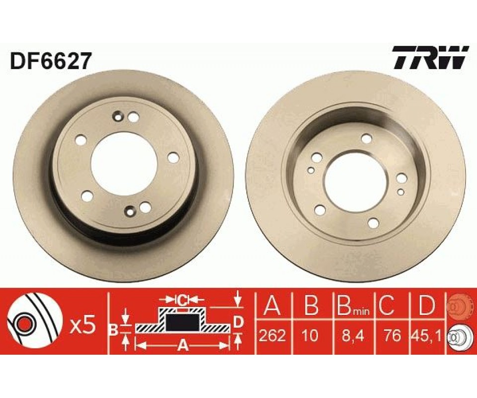 ARKA FREN DİSKİ DOLU TİP HYUNDAI İ30 1.6L G4FD GDİ GAMMA 11-15 / 1.4L 1.6L CRDİ DİZEL 12-16 / ELAN TRA 12-> / KIA CEED 1.6L GDI BENZİNLİ 12-> 1.4L 1.6L CRDİ DİZEL 12-> 262 çap x 5 bijon - Takım dis
