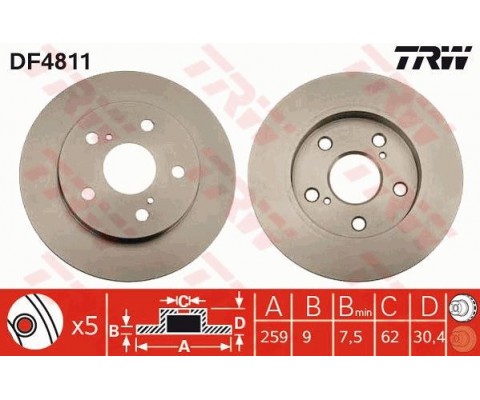 ARKA FREN DİSKİ DOLU TİP TOYOTA AURIS COROLLA 1.6L 1ZR-FE ZRE151 07-> / 1.33L 1NR-FE NRE150 6 vite s 10-> 259 çap x 5 bijon - Takım disk fiyatıdır