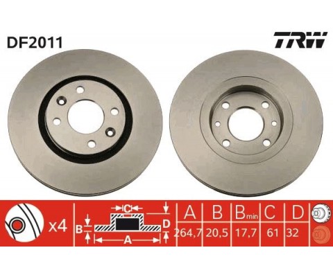 ÖN FREN AYNASI R21 89>94 2.0ie 2.1 D TURBO 264.5x20.5x4DELİK