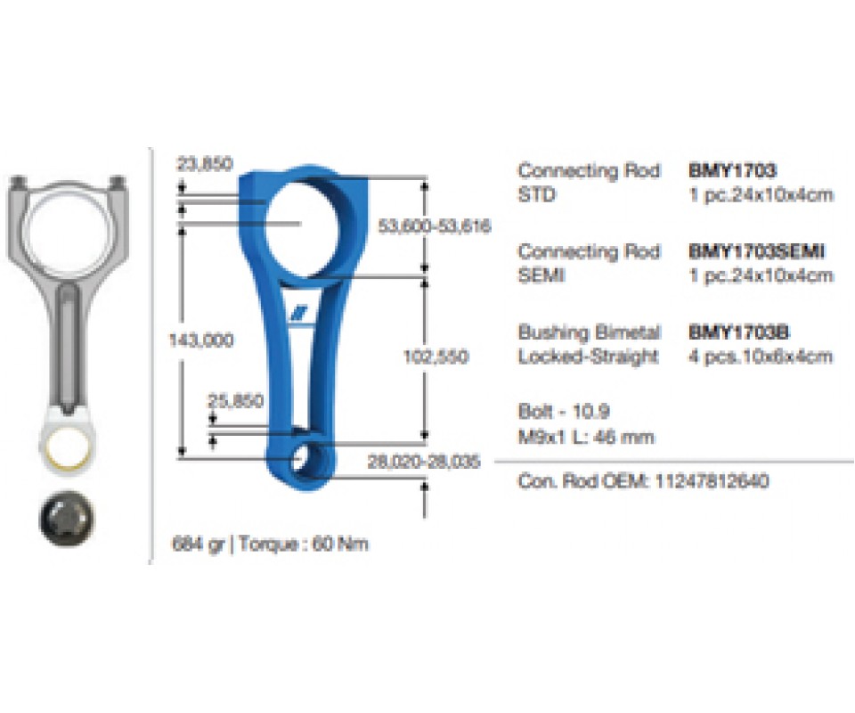 PISTON KOLU BMW N47 C20 B47 C20 E60 F10 F20 F30 E90 E84 E83 F25 E92 E93 F32 F34 F36 / MINI R55 R56 R57 R58 R59 R60 R61 / TOYOTA AVENSIS VERSO 1.6L 1WW WWT270 WAR20 D4-D dizel 03-08