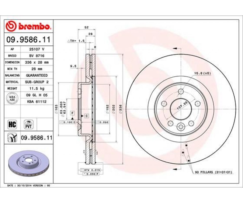 ON FREN DISK AYNASI HAVALI VOLVO S60 II 10>15 S80 II 06> V60 I 11>15 V70 III 07>15 XC70 II 09>15 336cm CAP