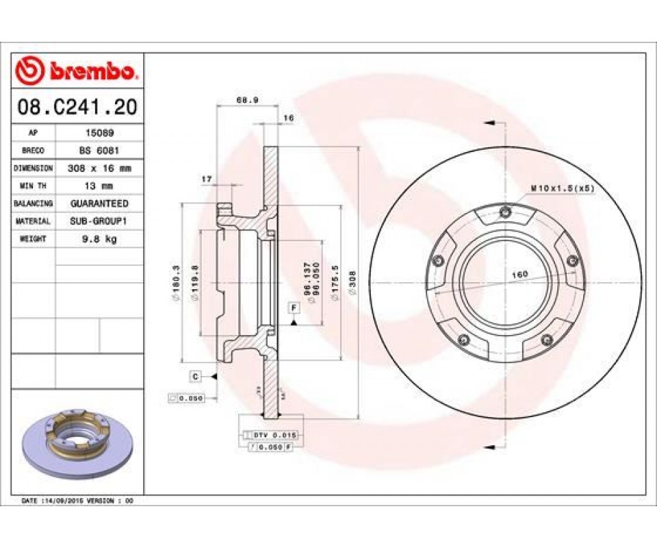 ARKA FREN DISK AYNASI TRANSIT CUSTOM V362 12> ABS LI O.CEKER CAP 308 16 ORD TRANSIT CUSTOM V362 Van FY. FZ 09/12-> / FORD TRANSIT V363 Bus FAD. FBD 08/13-> / FORD TRANS
