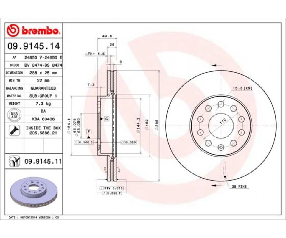 FREN DİSKİ ÖN VW CADDY-PASSAT-GOLF 5/6/7- SKODA OCTAVIA FORD CONNECT 23> ÇAP: 288mm. KALINLIK: 25mm Delik: 9